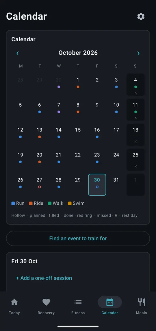 Calendar: dots for planned and done sessions