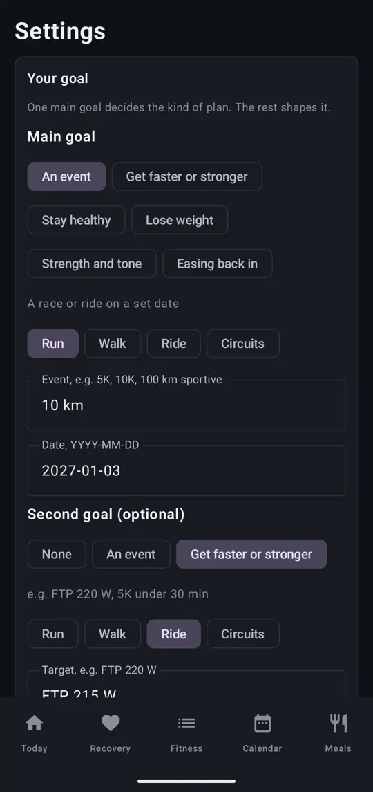 Your goal: main goal and second goal