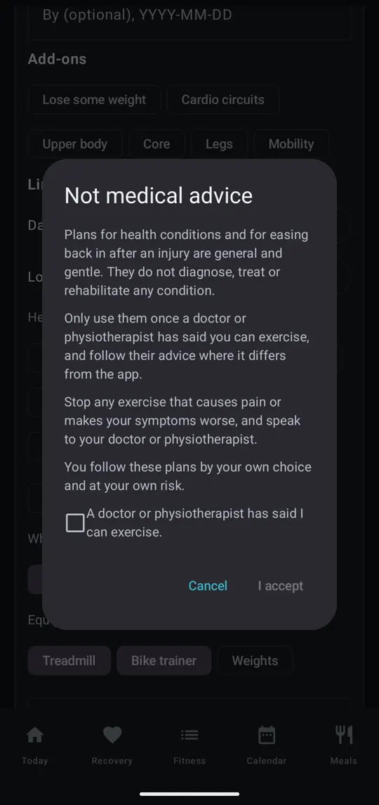 Ticking a health condition asks you to accept this first