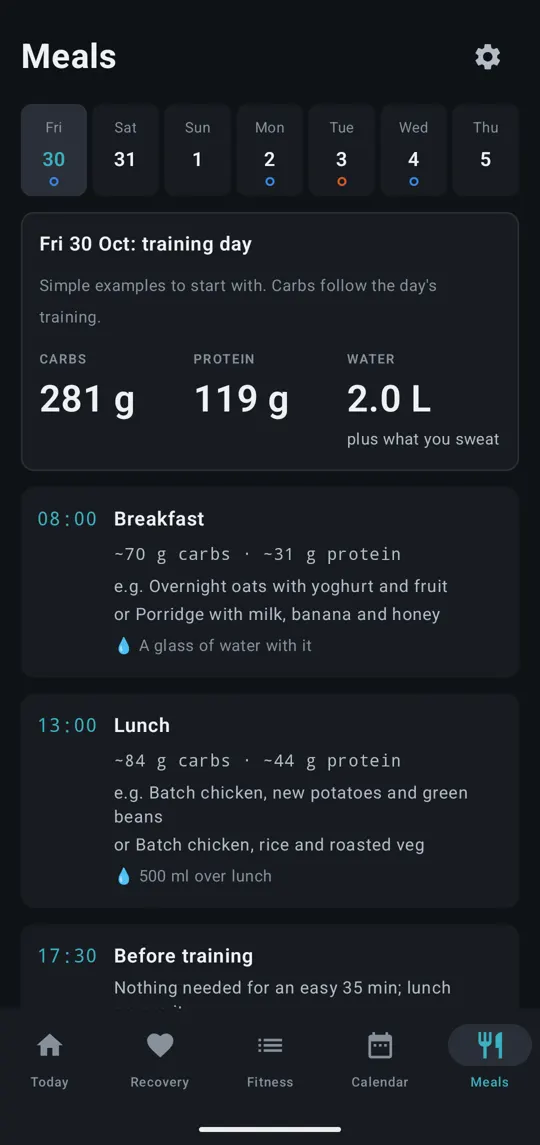 Meals: carbs, protein and water for the day