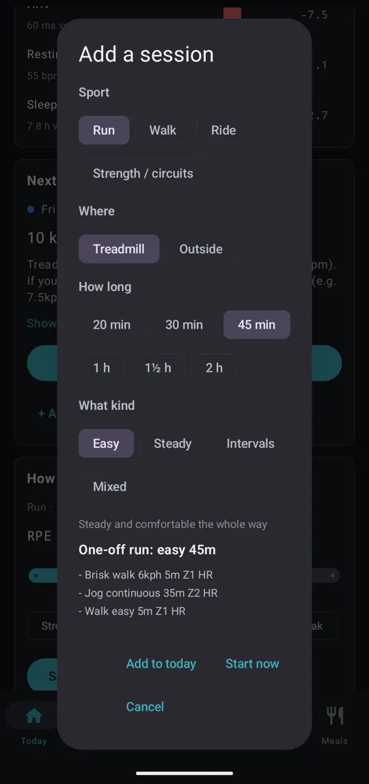 Add a session: sport, where, how long, what kind