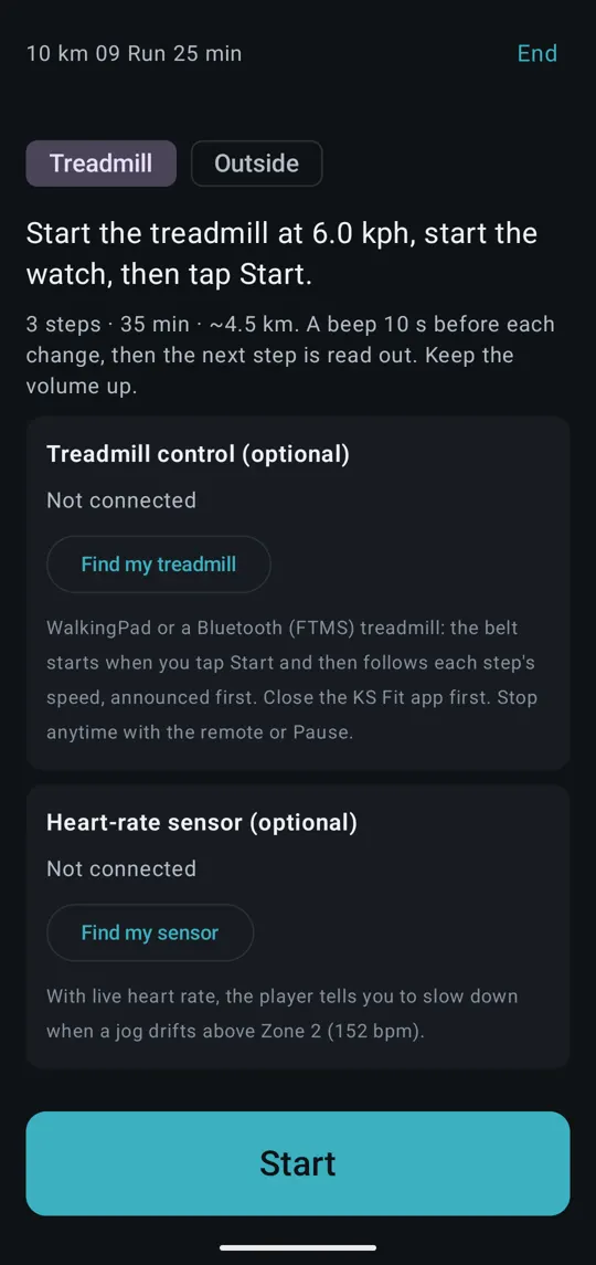 Before a run: treadmill or outside, devices, Start